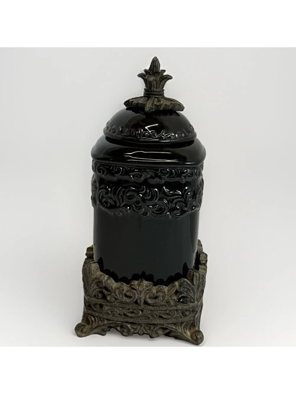 Drake Design Onyx Black Medium Canister Medium Tuscan Scroll Fleur De Lis Base
